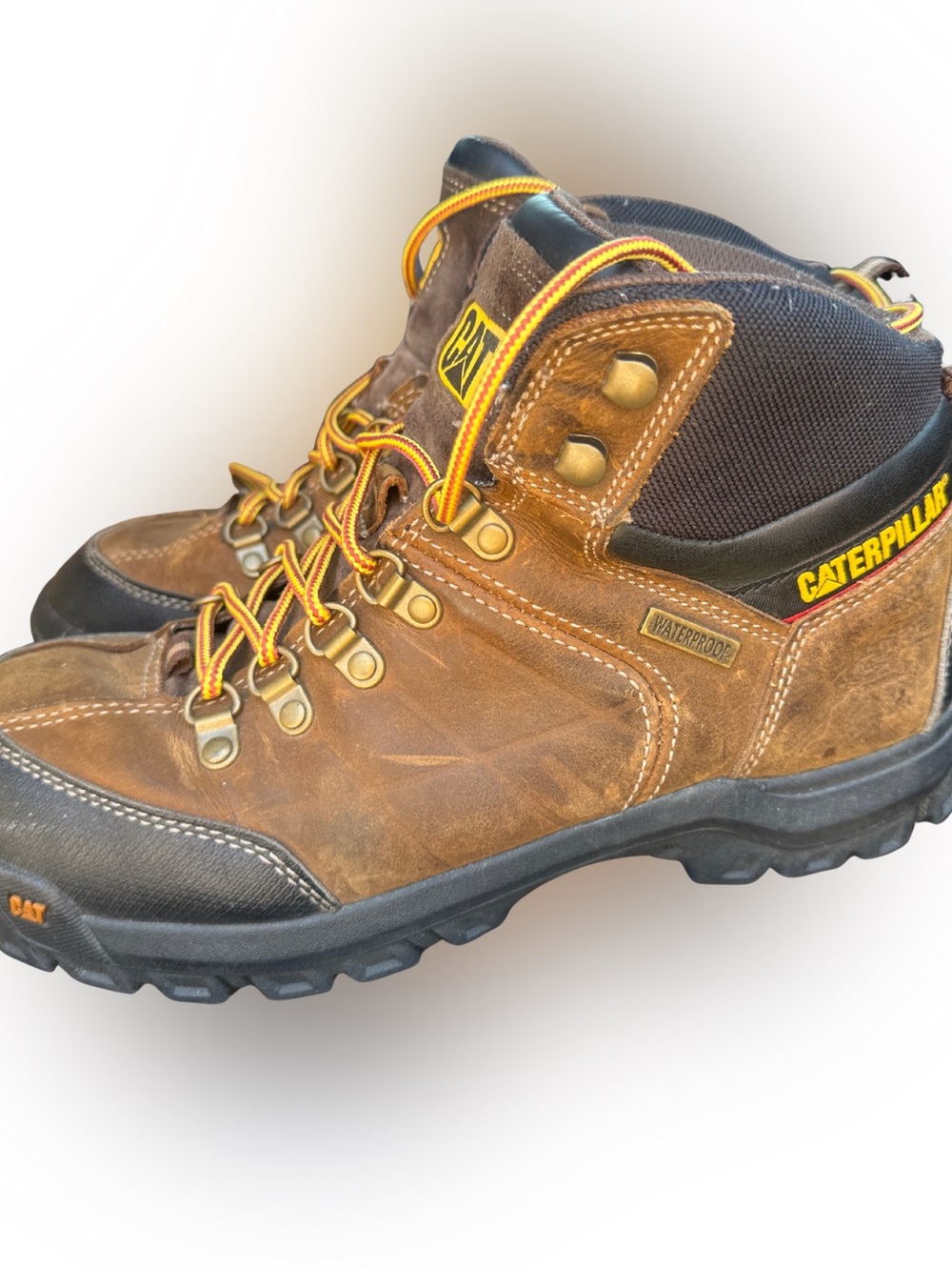 Caterpillar Brown and Black Waterproof Men's Work Boots with Yellow Accents